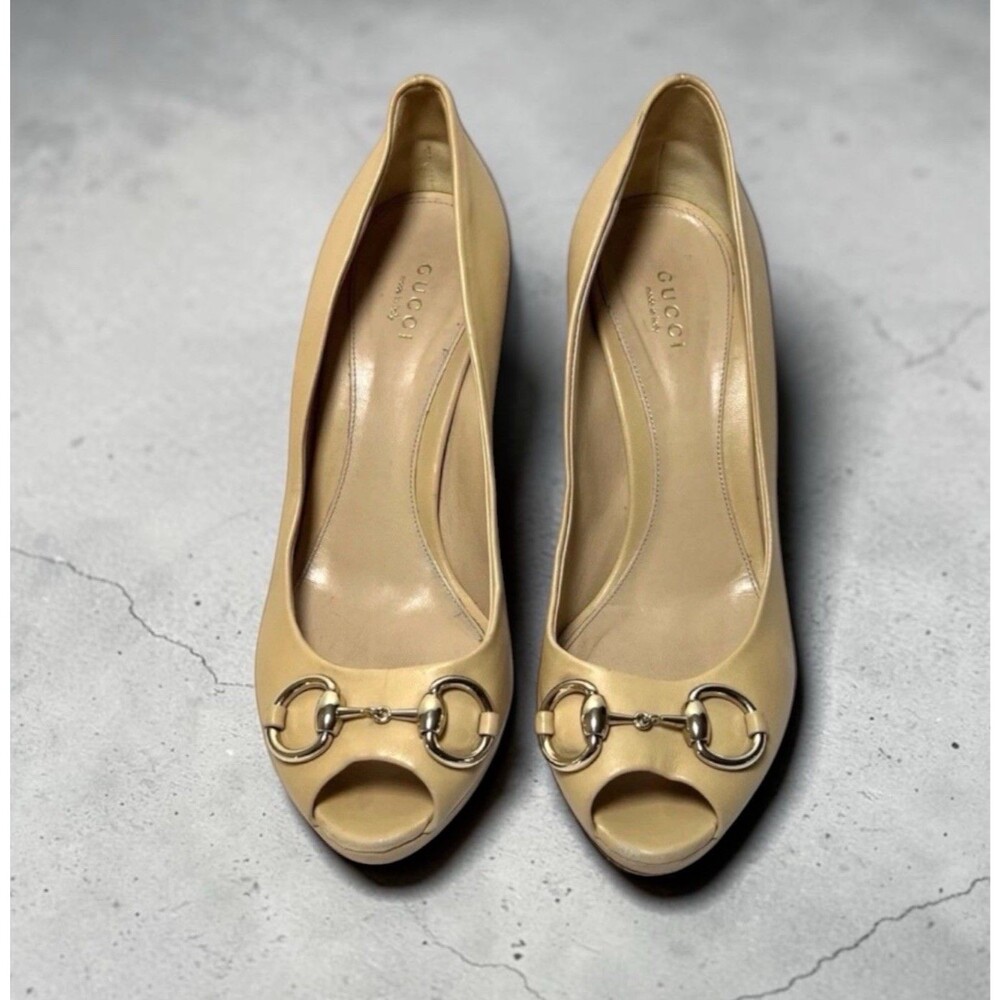Gucci Beige Nude Leather Horsebit Peep Toe Pumps Women’s Size EU 38.5